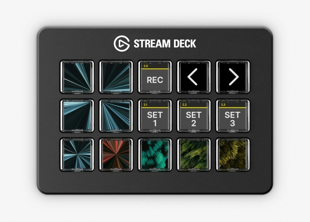 The Stream Deck device is shown in a top-down view with various buttons and screens displaying different visual patterns.