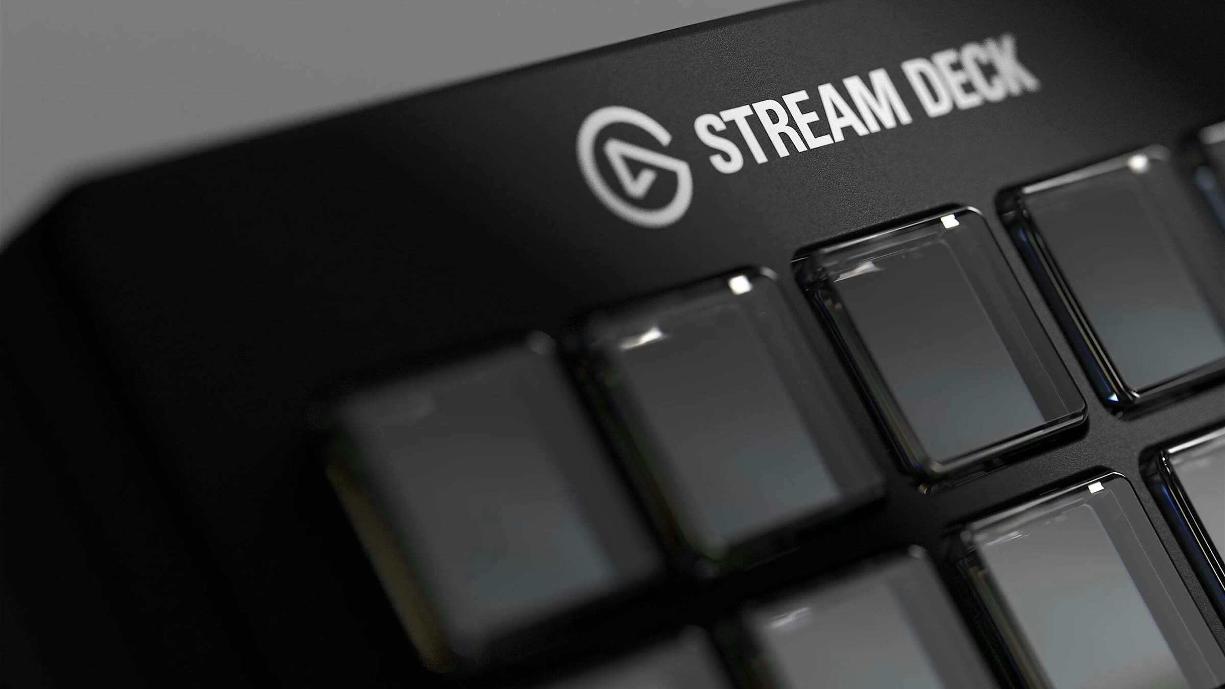 A close-up of the Elgato Stream Deck, focusing on its logo and scissor keys.