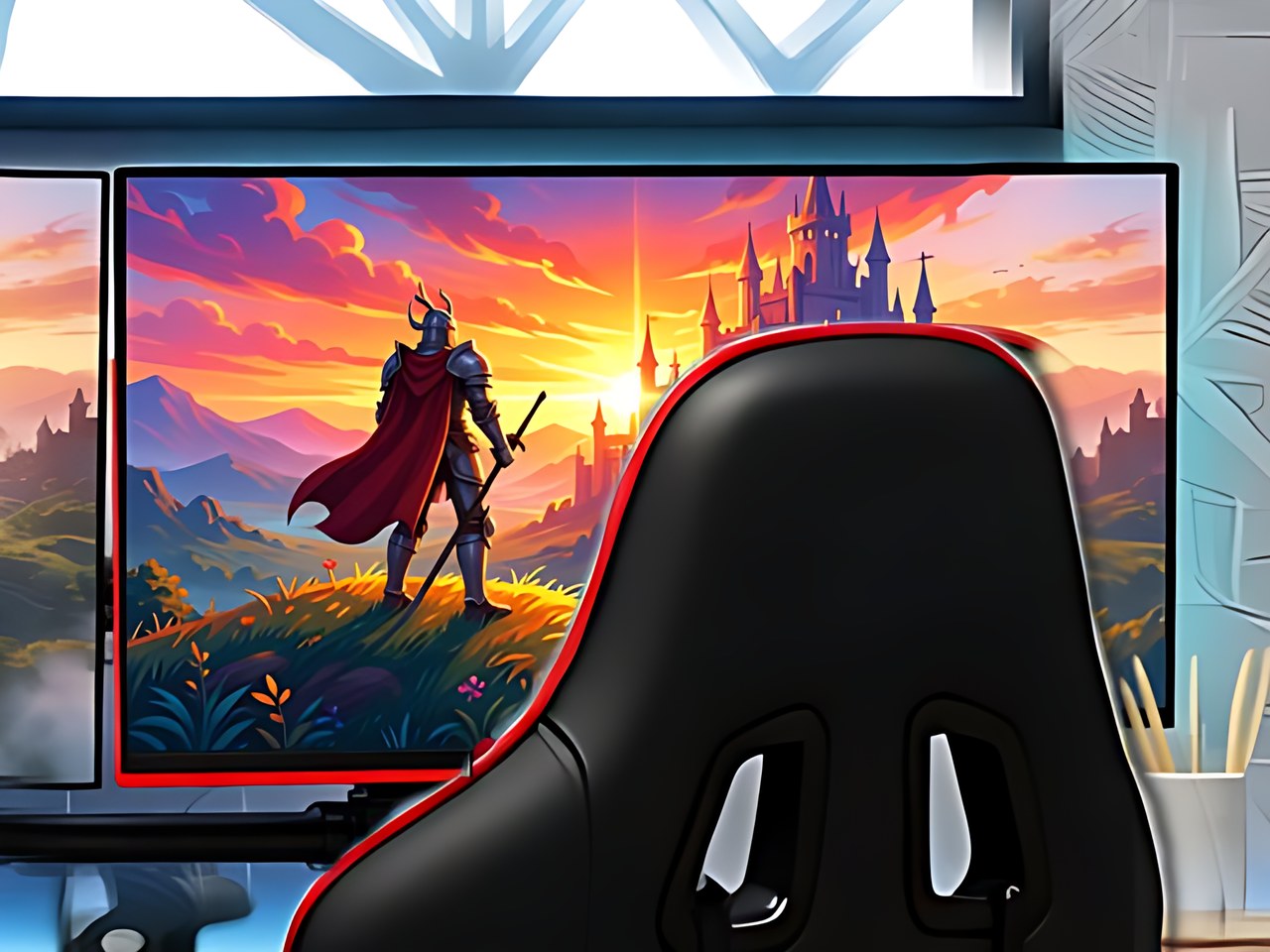 Close-up of the black monitor with red trim displaying gameplay on the desk mount.