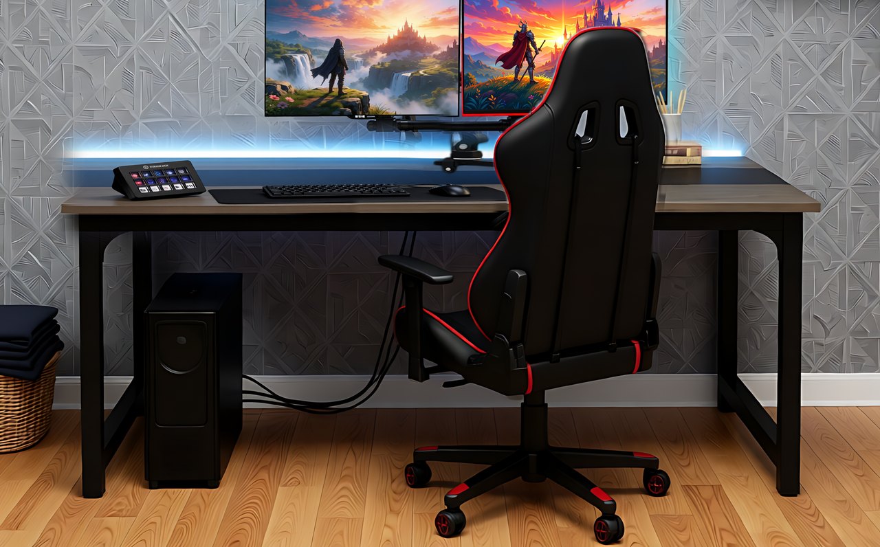 Close-up of the grey wood desk surface and black metal frame supporting the monitor stand.