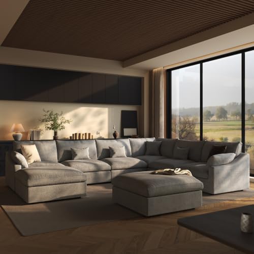The image shows a Lazur Modular U-Shaped 8-Seat Cloud Couch in a light gray finish, viewed from a side profile with multiple seats and cushions clearly visible.