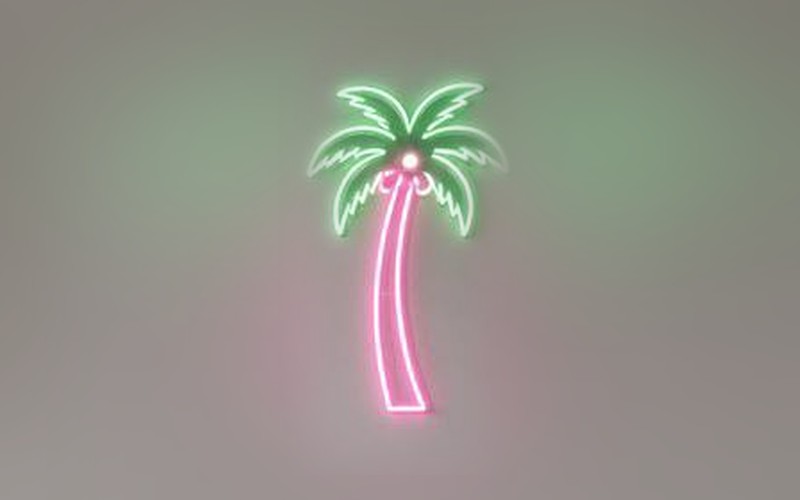 Green and pink neon palm tree LED sign glowing on a gray wall