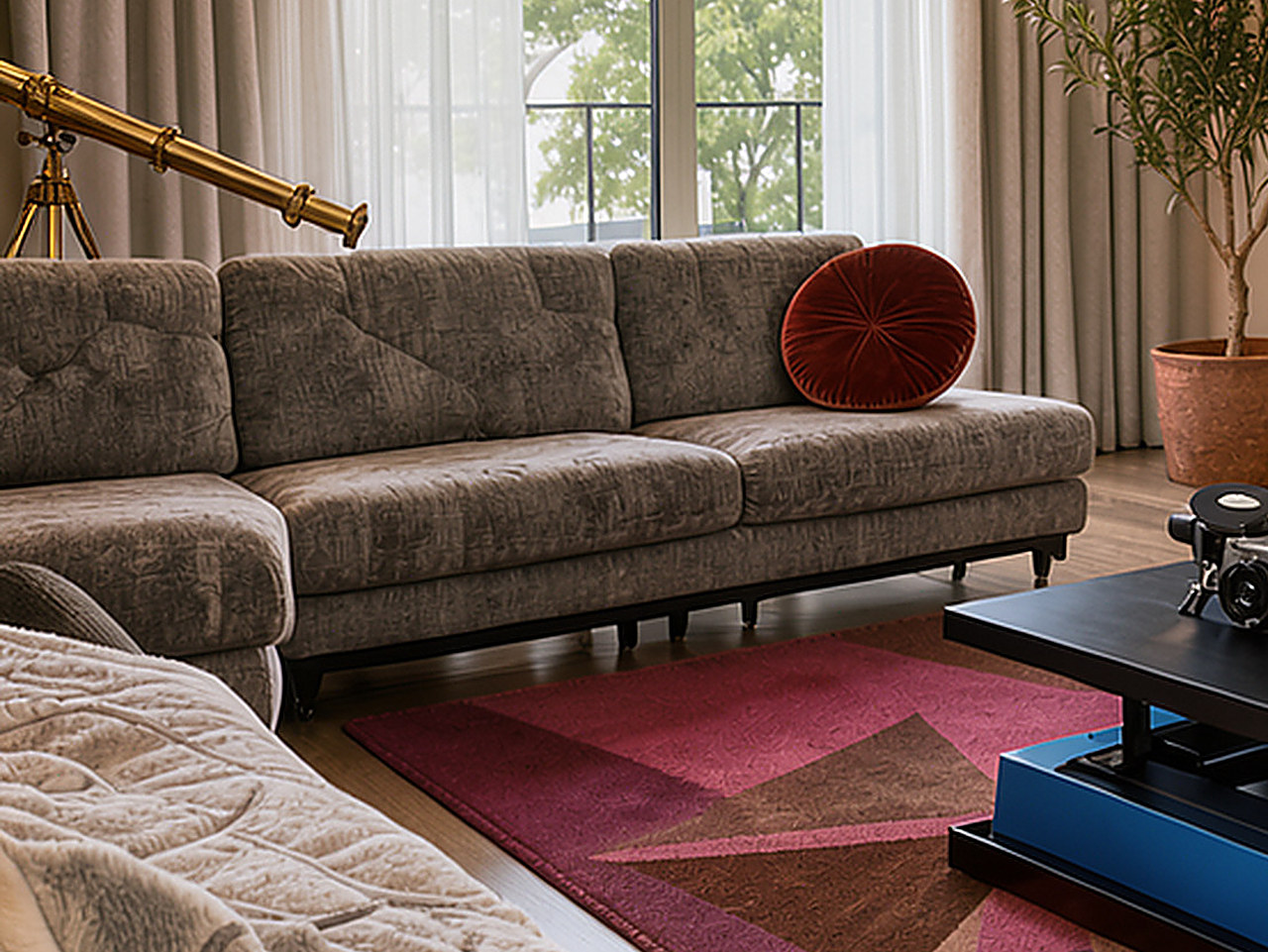 Close-up of the grey chenille sectional sofa with black legs.