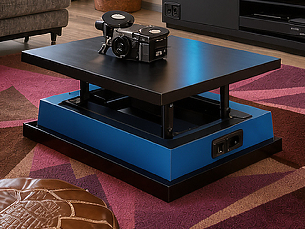 Close-up of the lift-top coffee table mechanism and gradient blue to black finish.