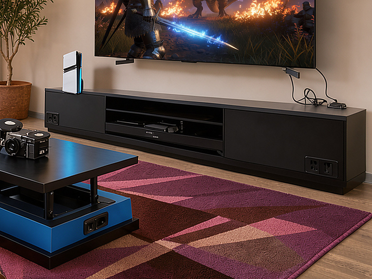 Close-up of the floating TV stand with integrated cable management and charging outlets.
