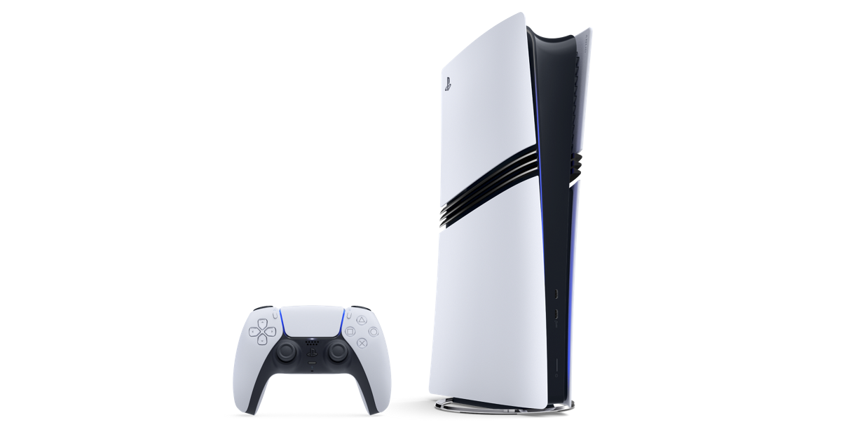 A white PlayStation 5 Pro console and its controller are shown side by side against a plain background.