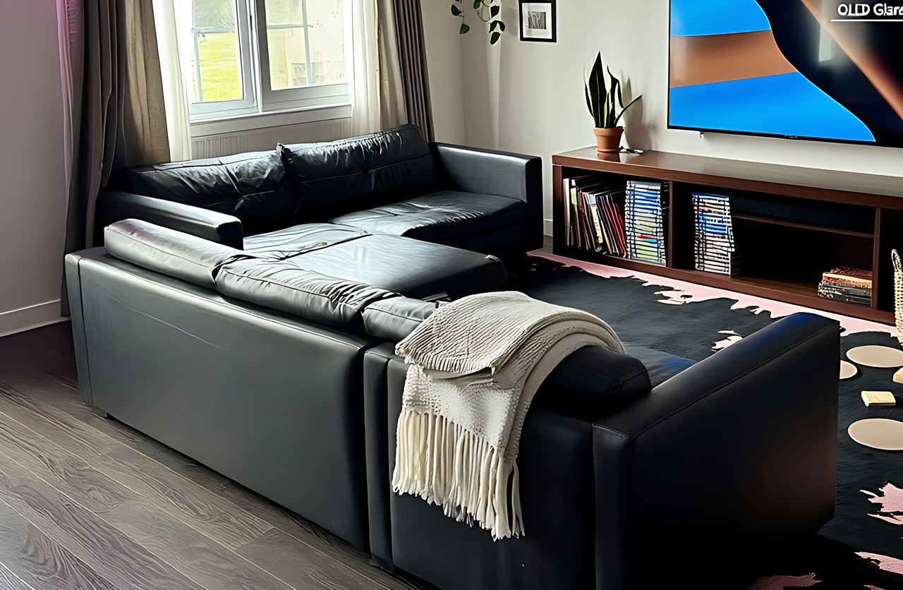 Close-up of a black leather L-shaped sectional sofa with a visible chaise extension.