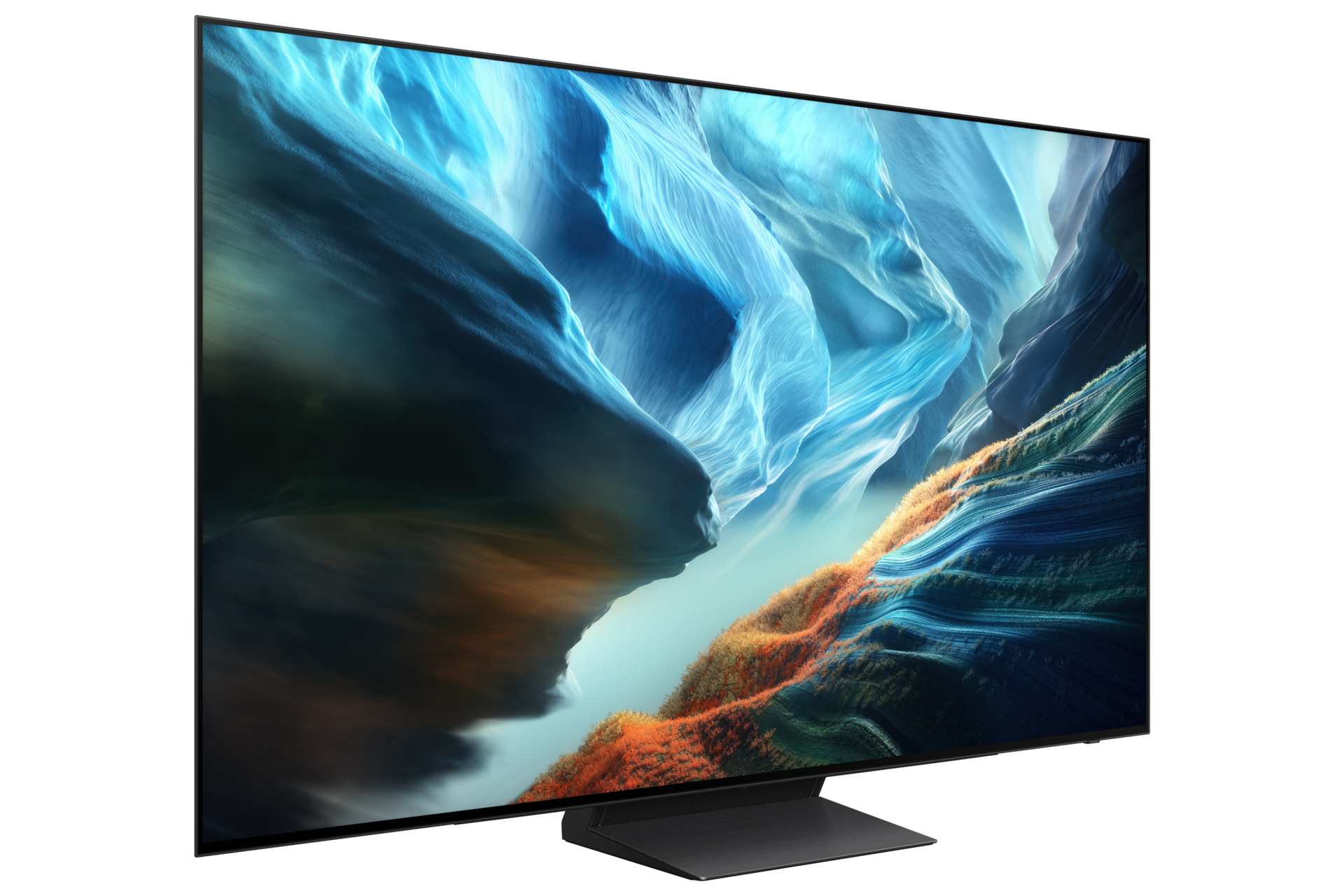 A side profile of a Samsung TV with a sleek black frame and stand.