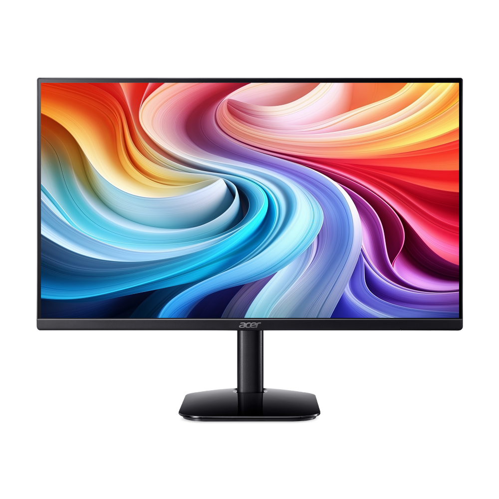 A black Acer monitor with a colorful abstract wallpaper on the screen, viewed from a three-quarter angle.