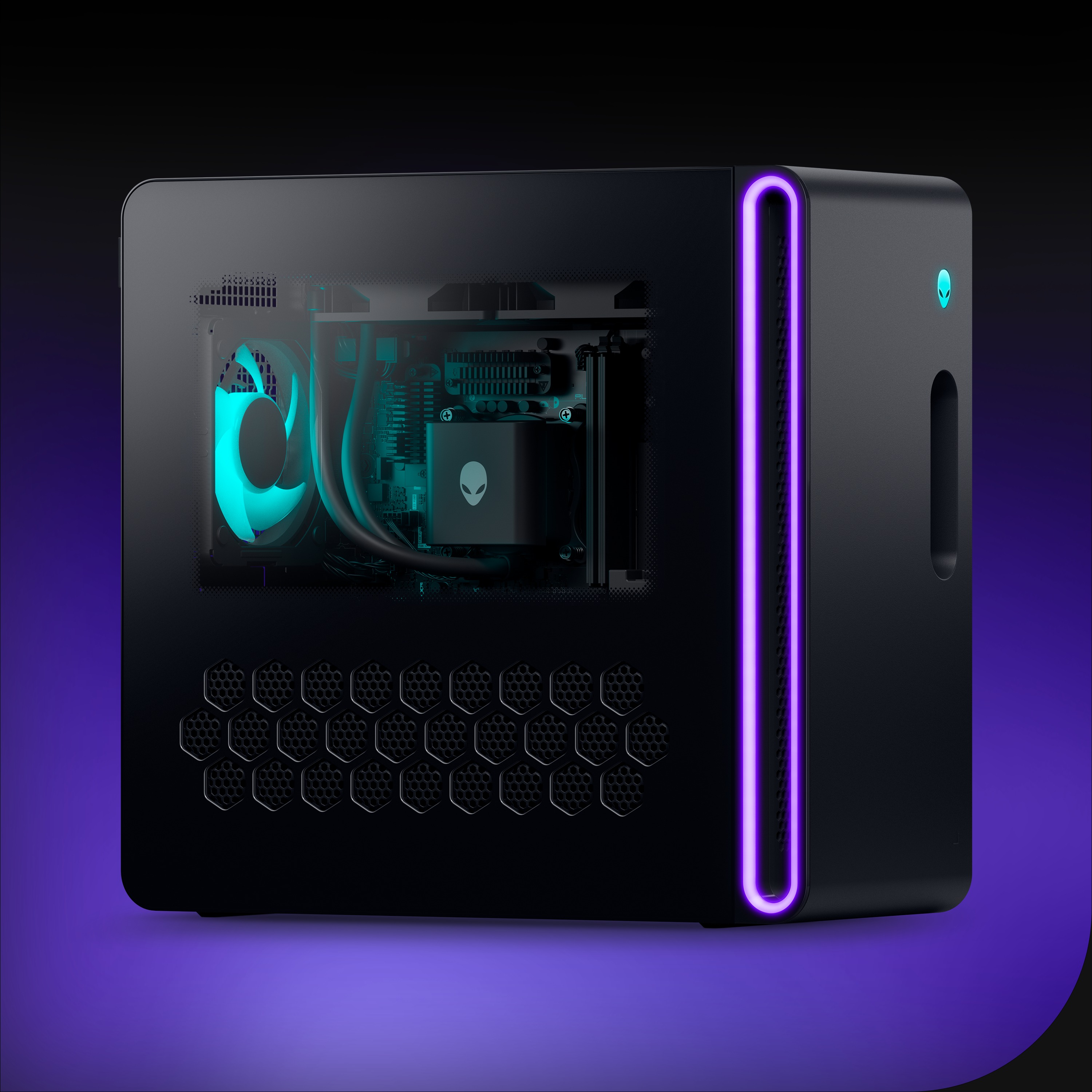 A black Alienware Aurora Gaming Desktop with a transparent side panel, showcasing internal components and purple lighting.