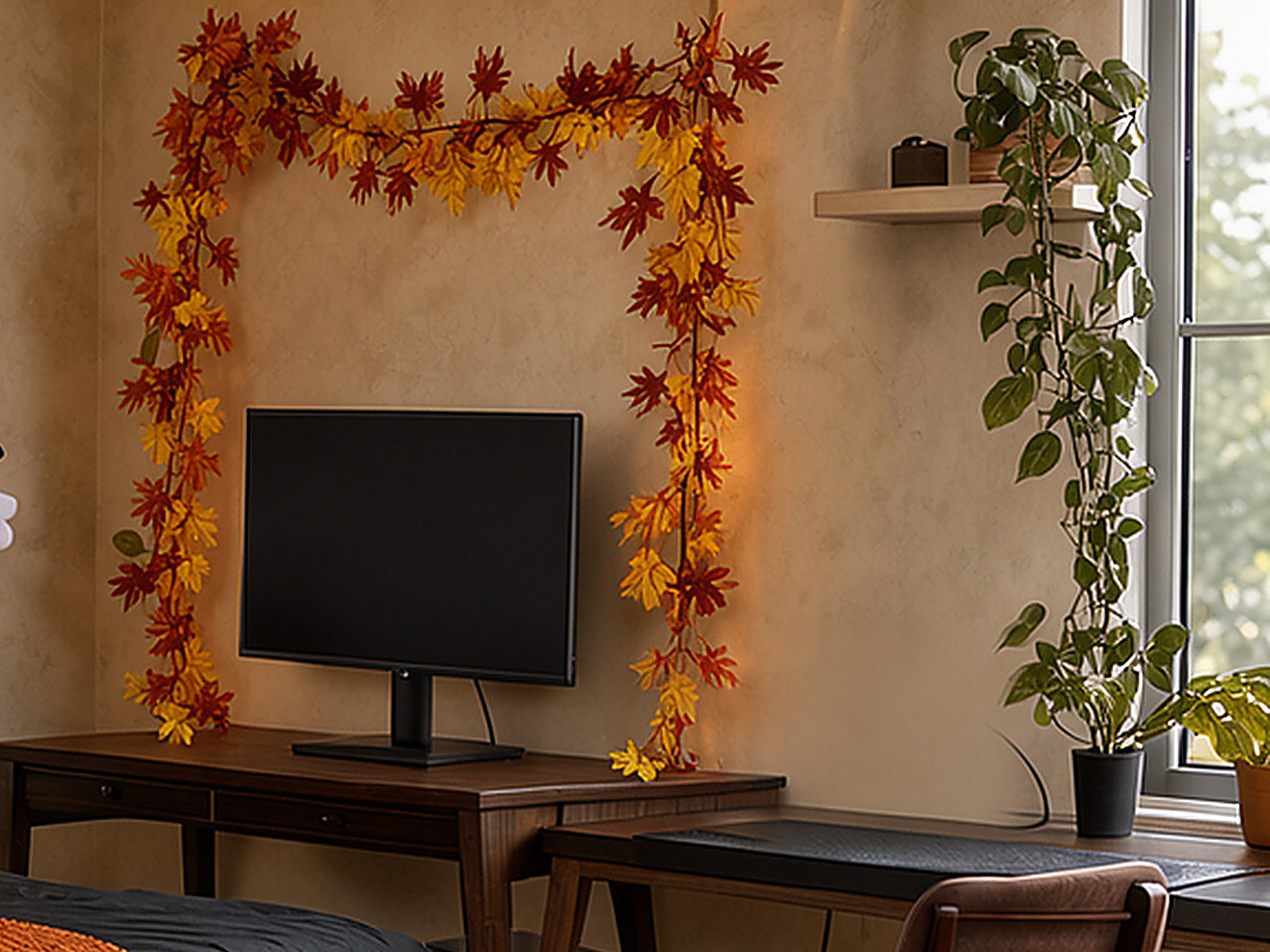 Close-up of the artificial Pothos and English Ivy hanging plants