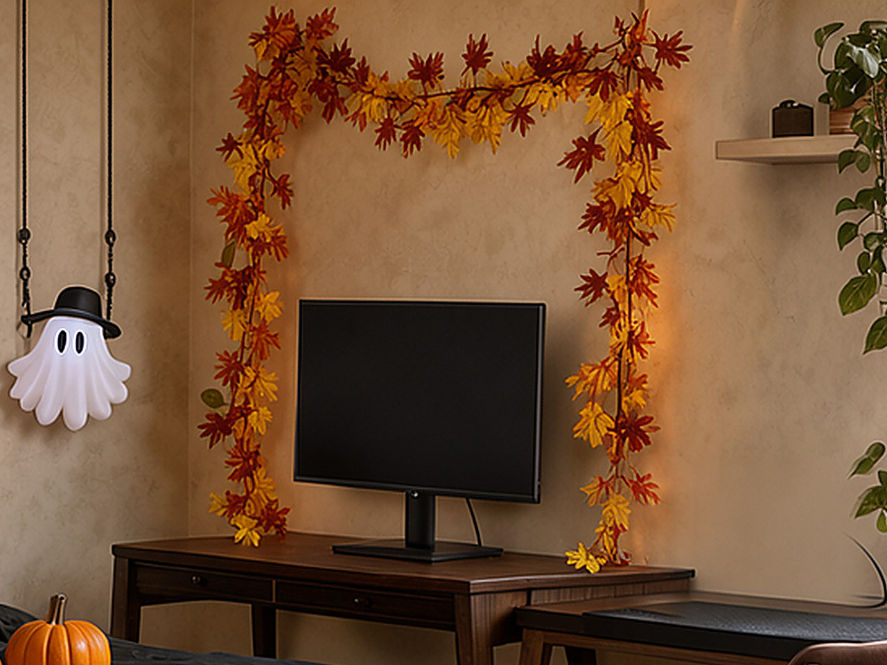 Close-up of the artificial maple leaf garland draped above the desk