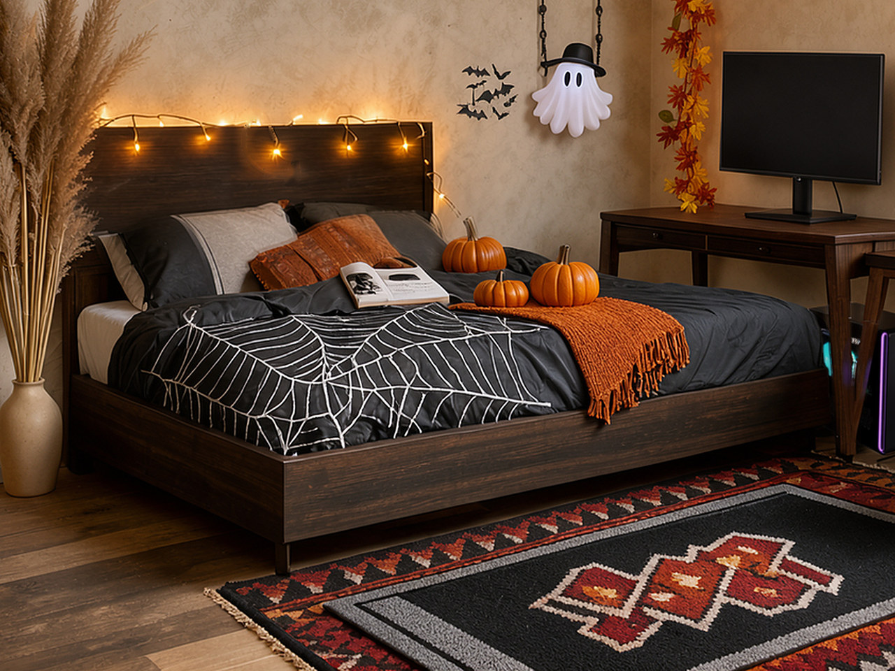 Close-up of the dark wood bed frame showing the linen headboard and charging outlets