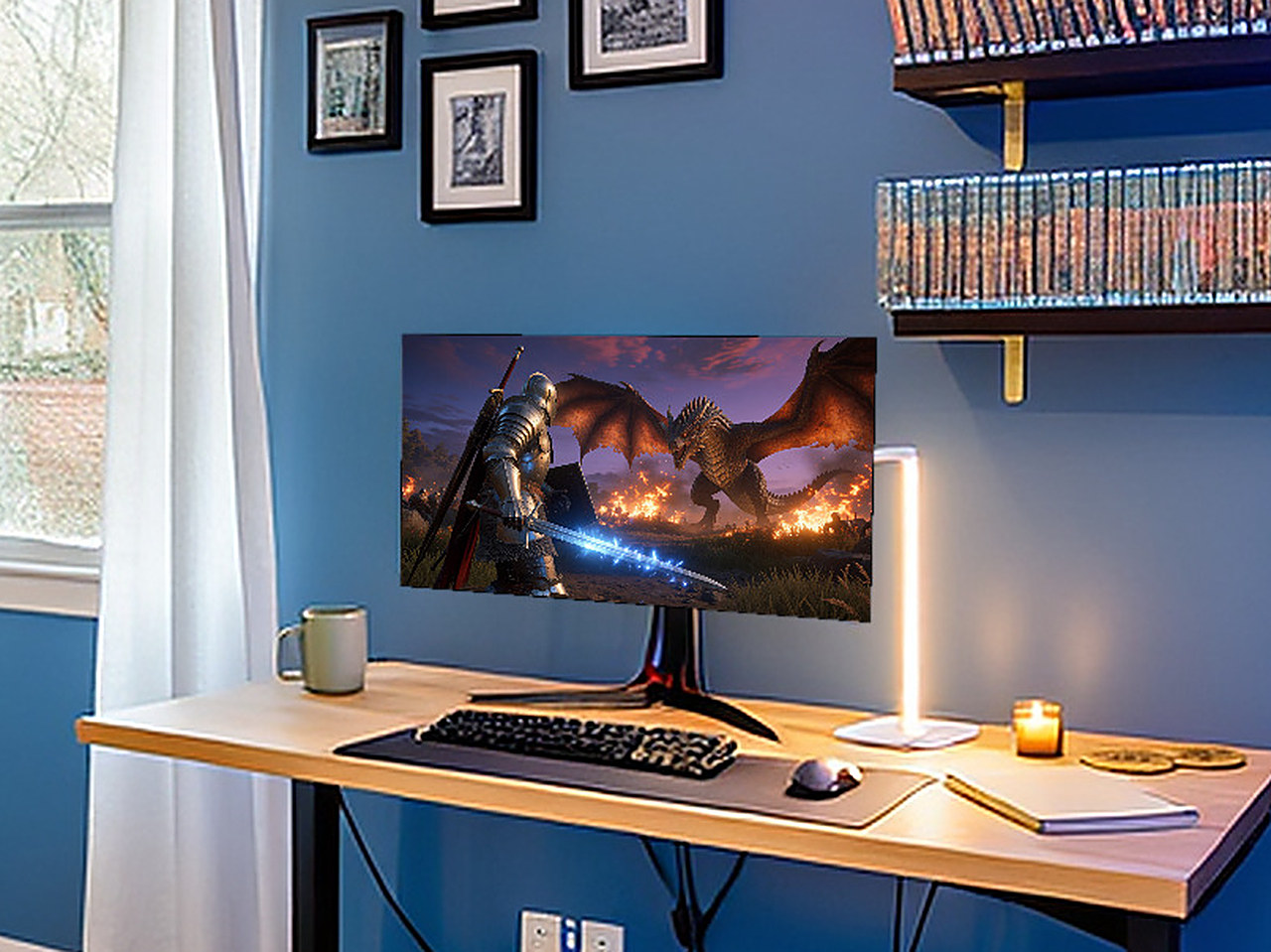 Close-up of the curved ultrawide monitor displaying colorful game imagery.