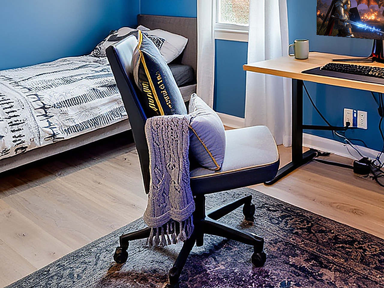 Close-up of the gray gaming chair showing gold embroidery and black frame details.