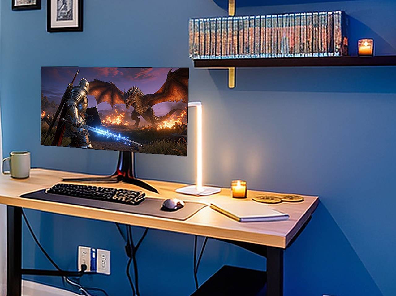 Close-up of the white LED desk lamp providing task lighting on the desk.