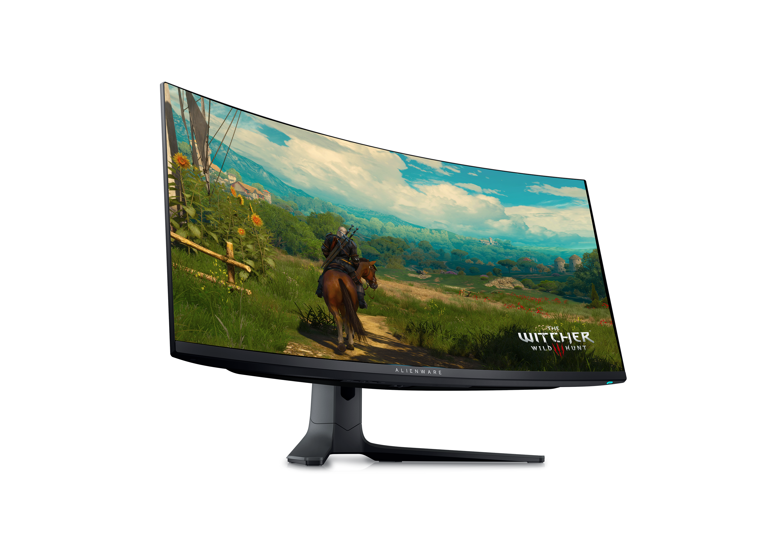 A side profile of the Alienware AW3423DWF QD-OLED Monitor displaying a landscape scene on its screen.
