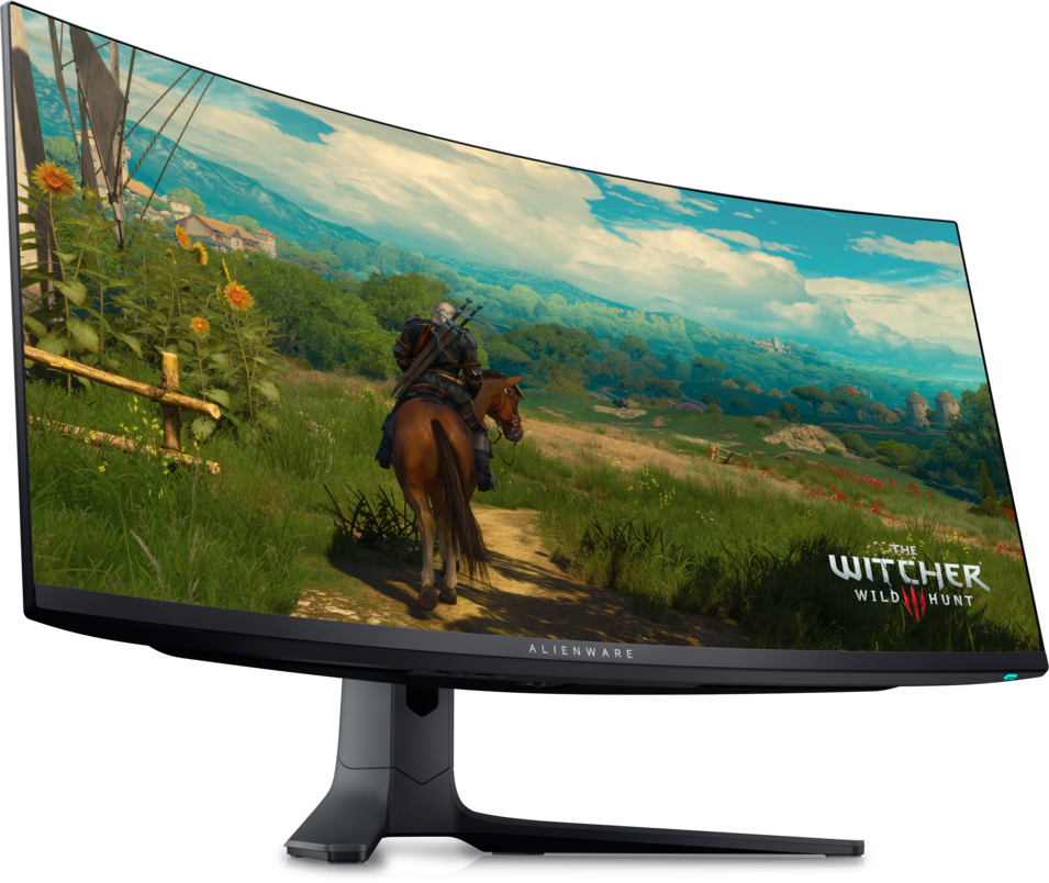 A side-profile view of the Alienware AW3423DWF QD-OLED Monitor displaying a scene from 'The Witcher: Wild Hunt'.