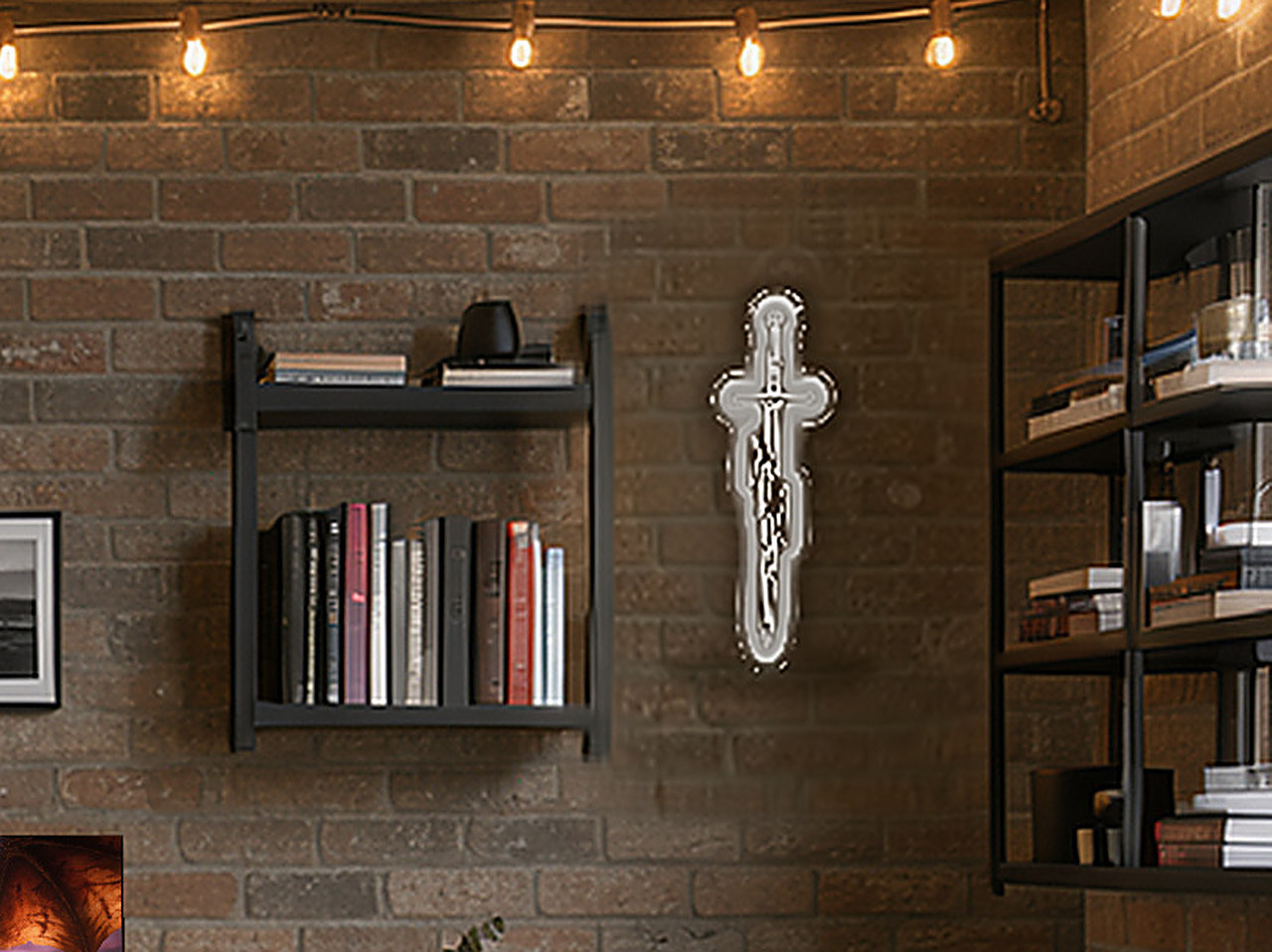 Close-up of the white LED sword neon sign on clear acrylic.