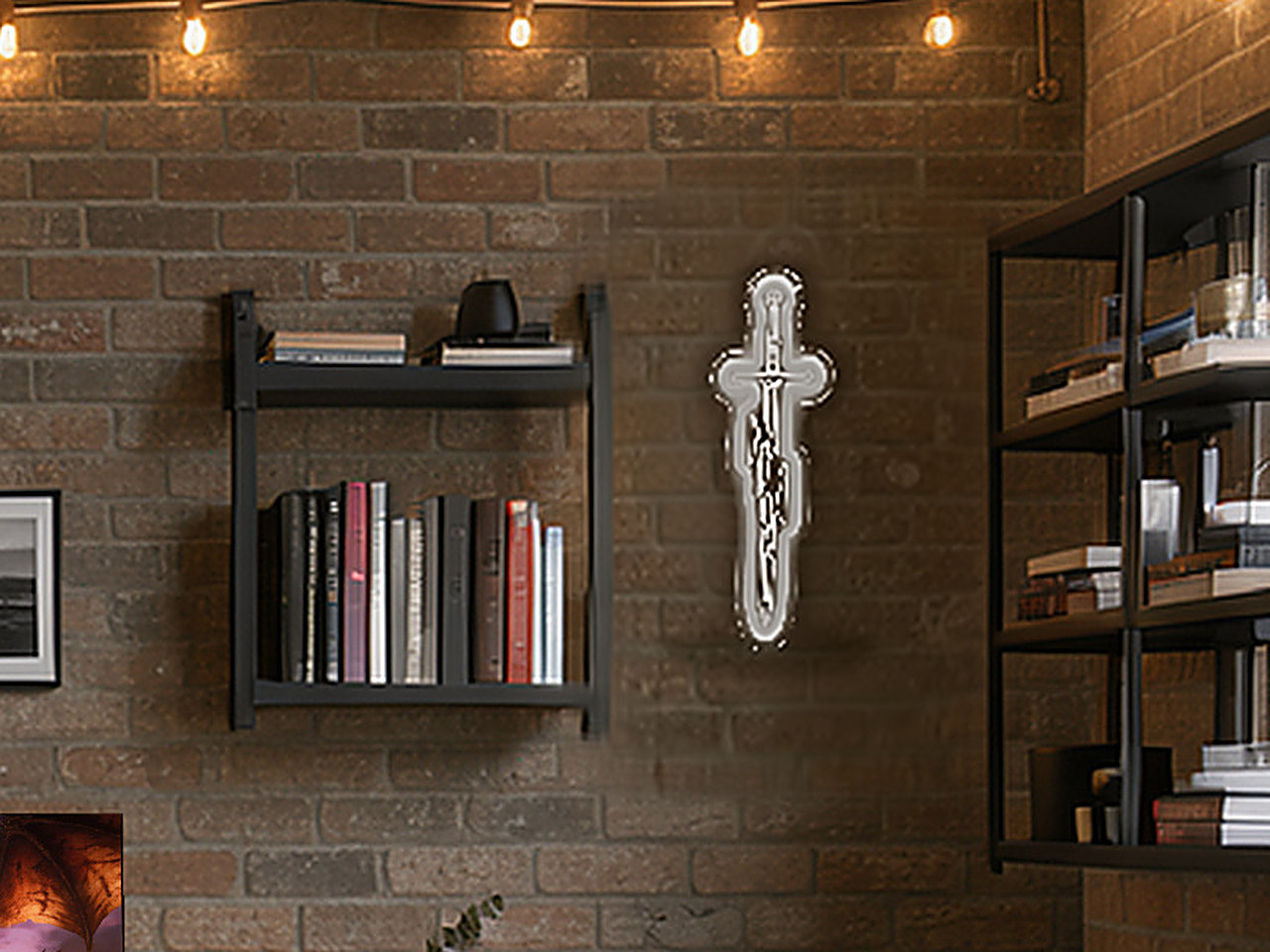 Close-up of the black metal bookshelf frame with fabric side panels.