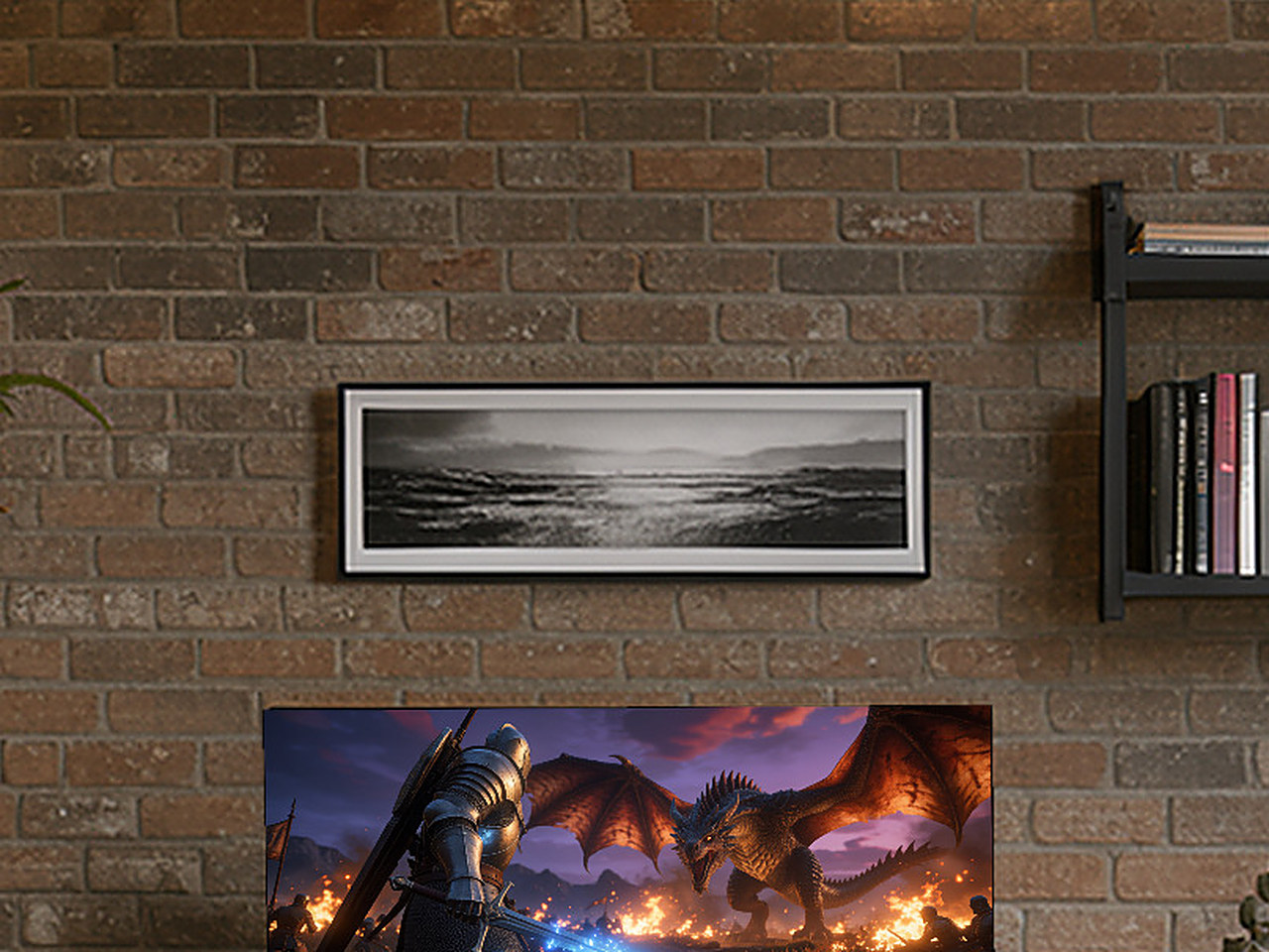 Close-up of the black and white canvas landscape print.