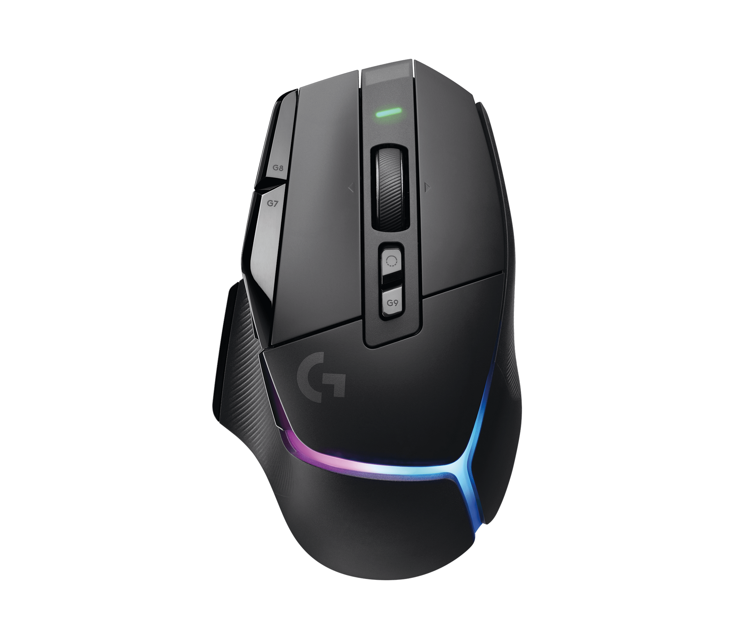 A black Logitech G502 X Plus gaming mouse with a side profile view, showing multiple programmable buttons and RGB lighting.