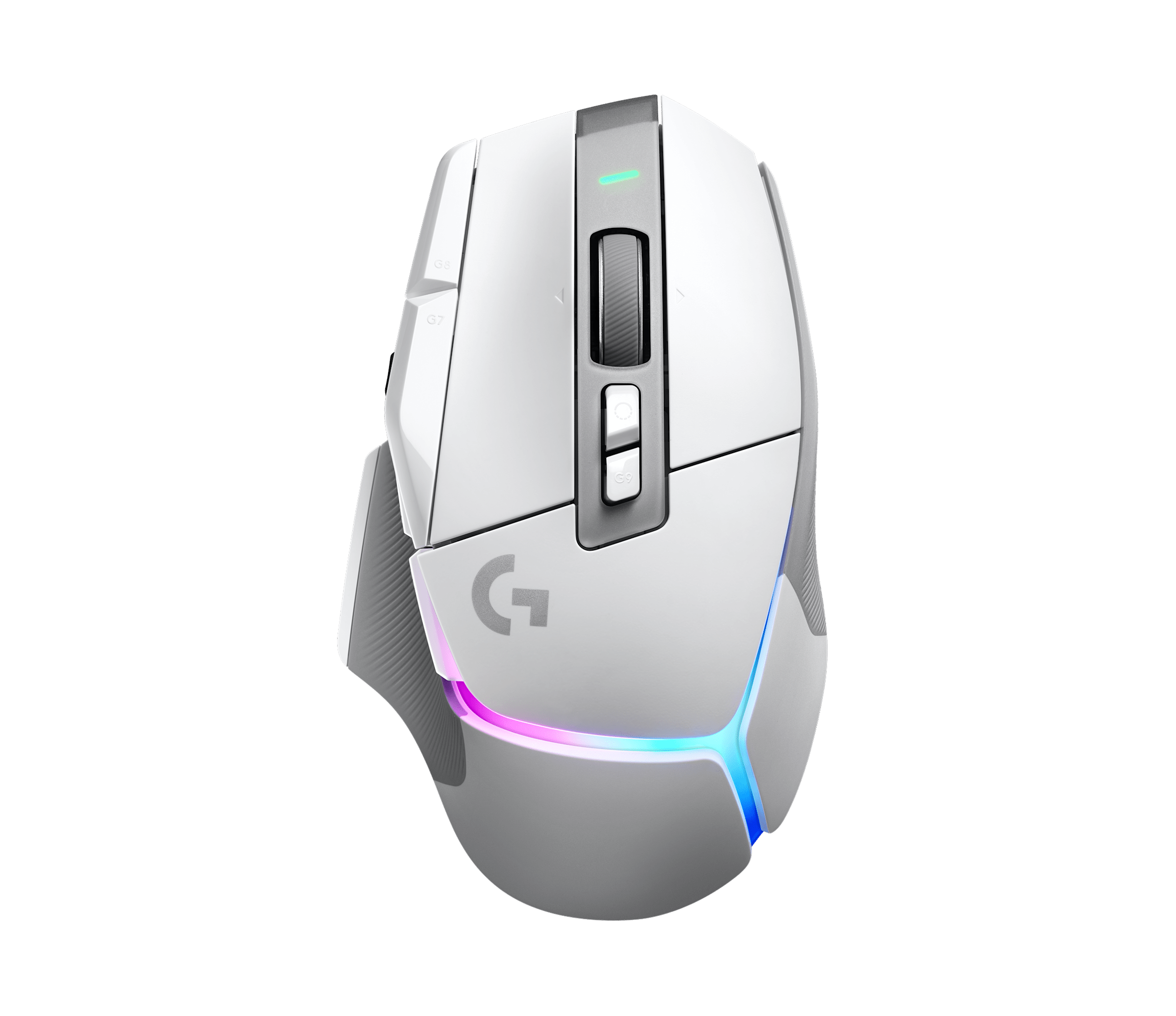 A white Logitech G502 X Plus gaming mouse with a side profile view, featuring RGB lighting and multiple programmable buttons.