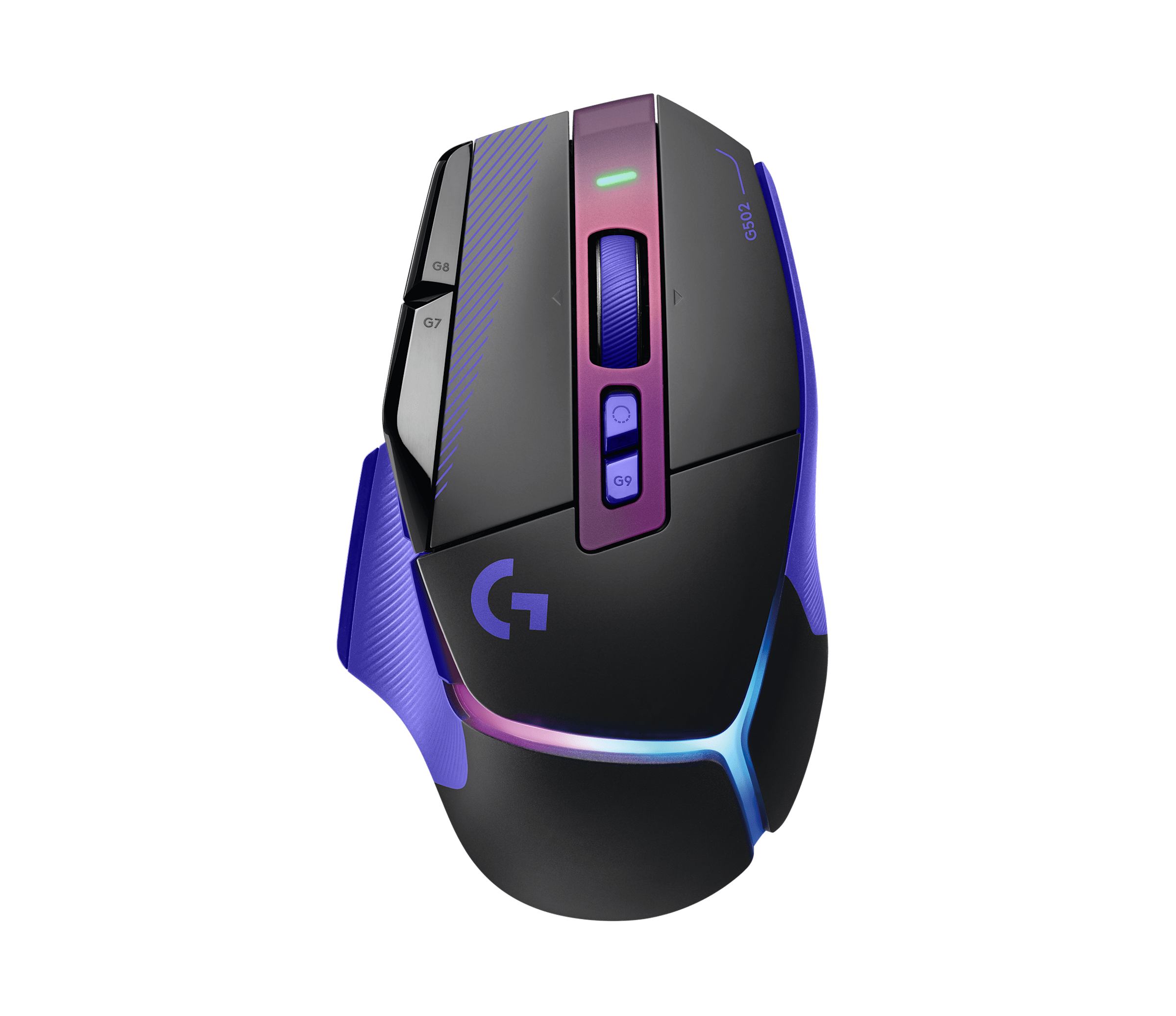 A side profile of a Logitech G502 X Plus gaming mouse with purple accents and illuminated buttons.