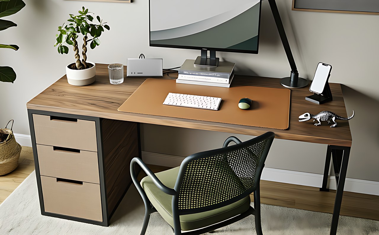 Huuger L Shaped Office Desk with Power Outlets & 3 Drawers in the mac room simple setup scene
