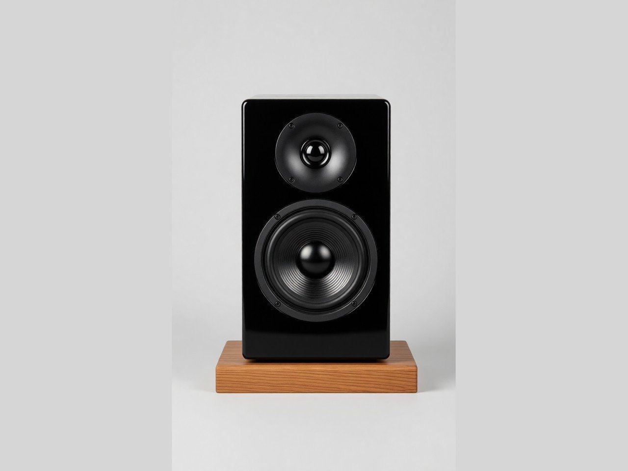 A black bookshelf speaker with a tweeter above a larger woofer, shown on a plain grey background.