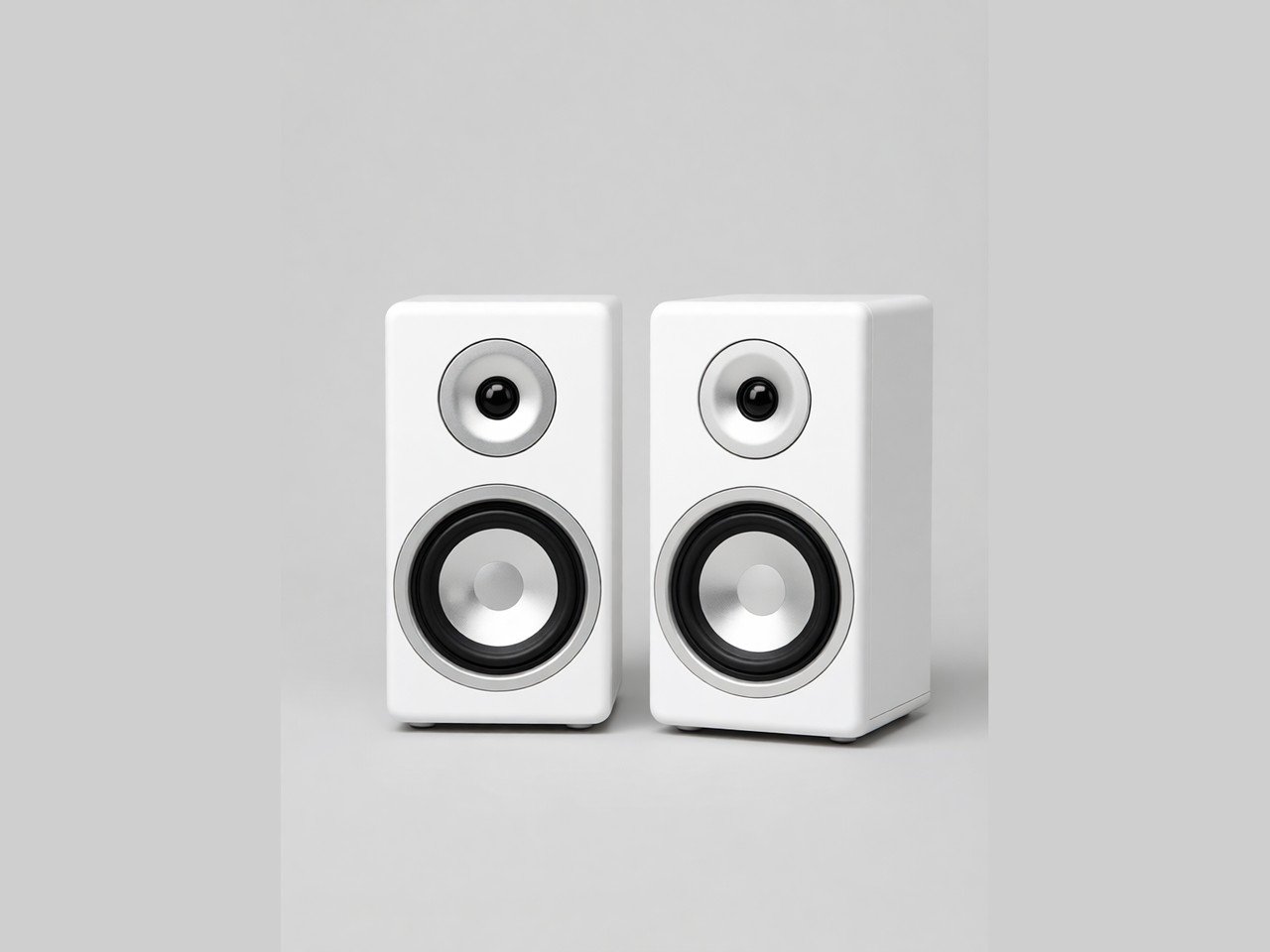 A pair of white bookshelf speakers with silver drivers, shown on a plain grey background.