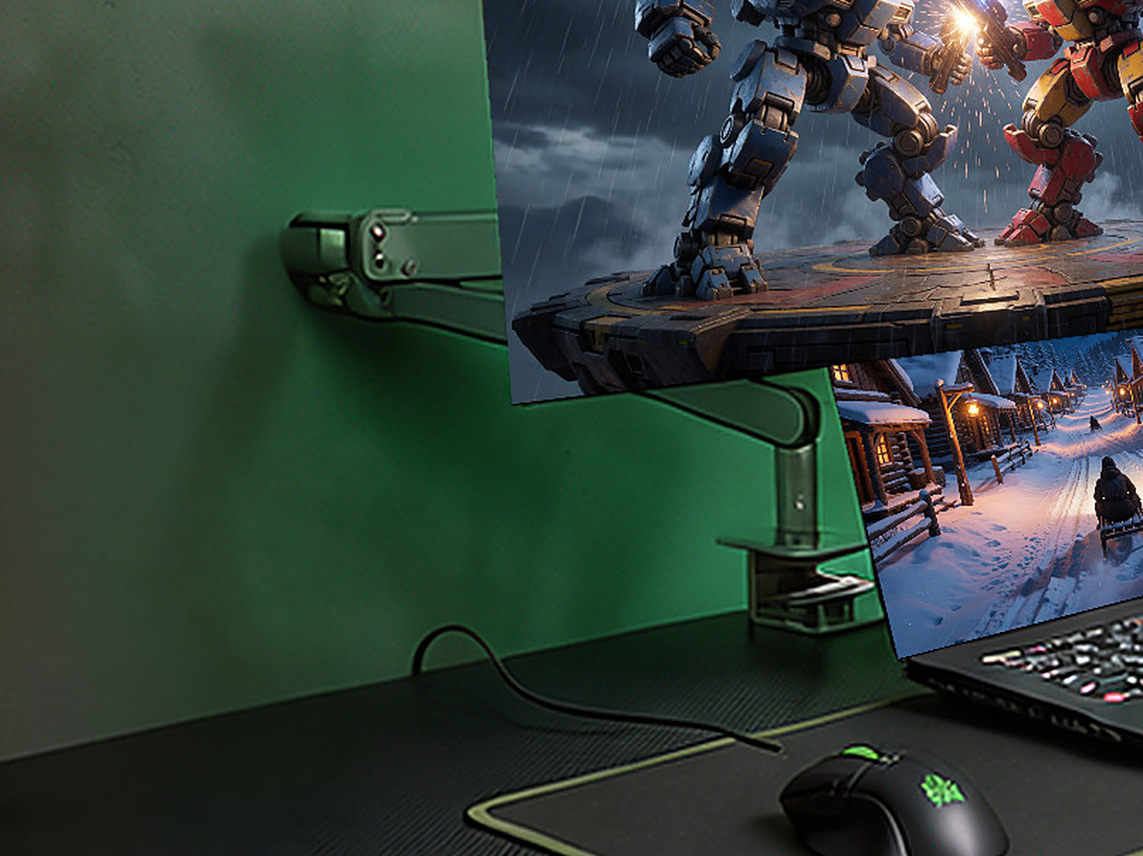 Close-up of the green articulated monitor arm clamped to the back edge of the desk.