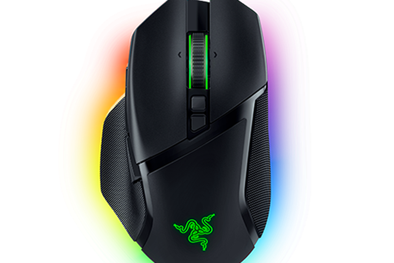 A black Razer Basilisk V3 Pro gaming mouse with a side profile view, featuring textured sides and illuminated buttons.