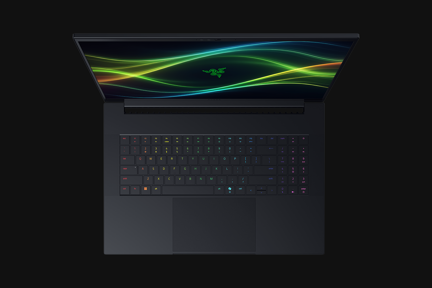 A top-down view of a Razer Blade 18 gaming laptop with a black keyboard and palm rest, featuring RGB lighting.