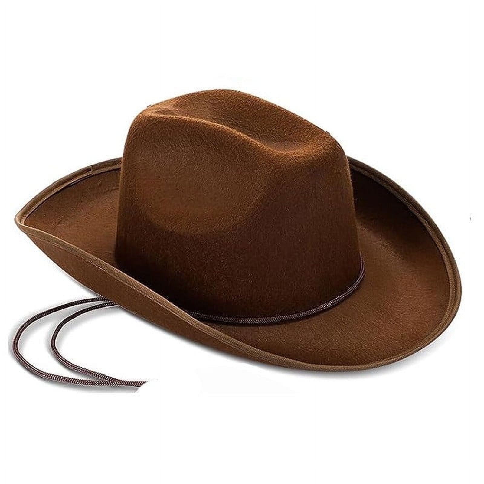 A brown felt cowboy hat with a black chin strap is shown from the front.