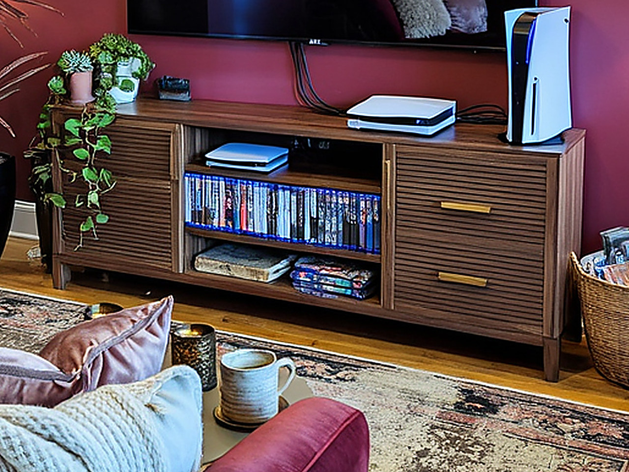 Close-up of horizontal slat drawer fronts with gold handles on a walnut console.