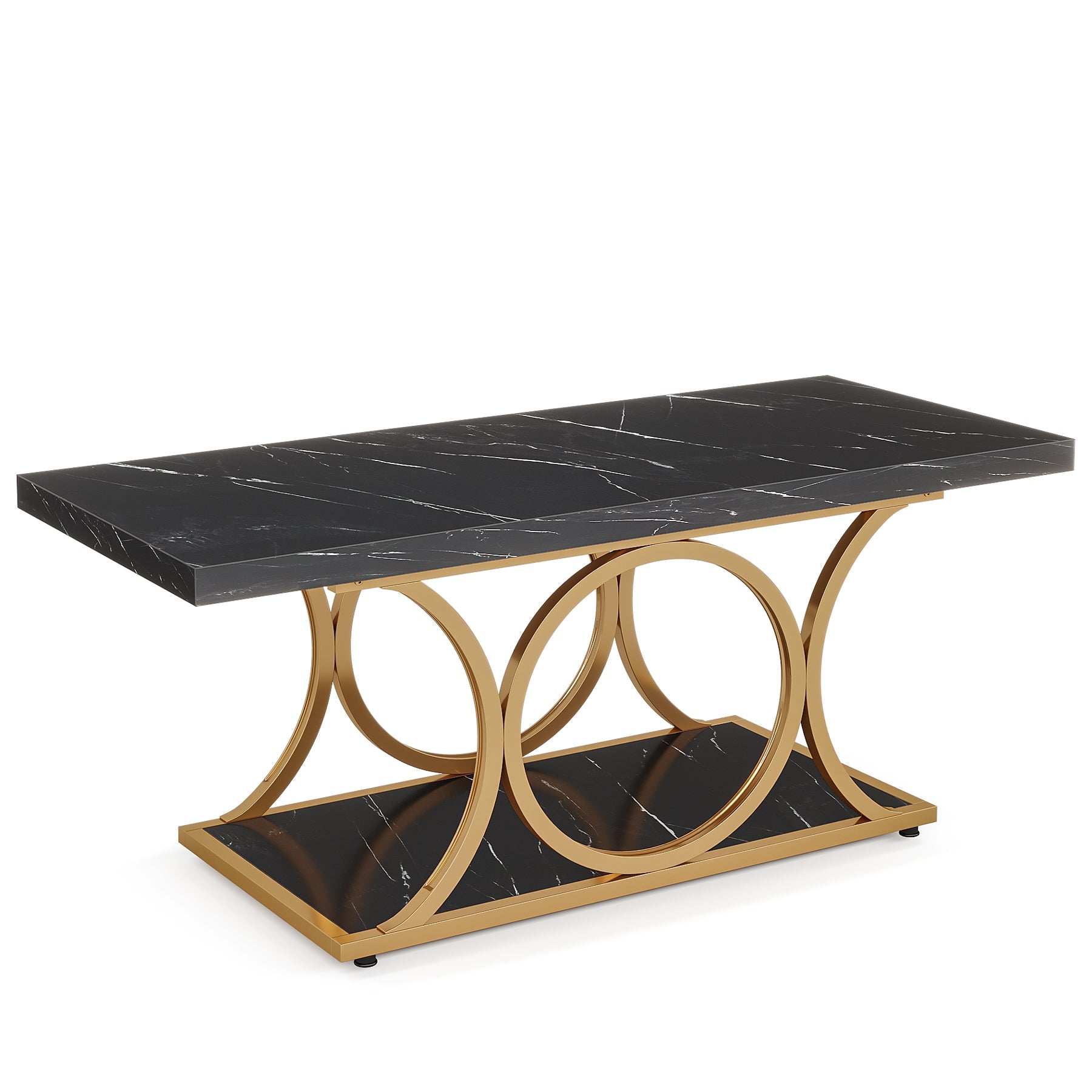 A black marble top coffee table with a gold metallic base featuring an intricate circular design.