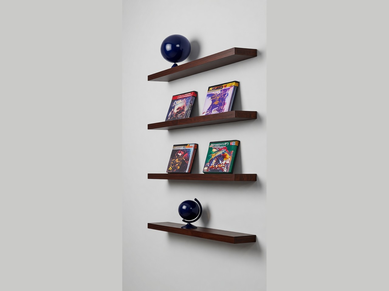 Four dark brown wooden shelves mounted on a plain grey background, each holding various items including books and decorative globes.