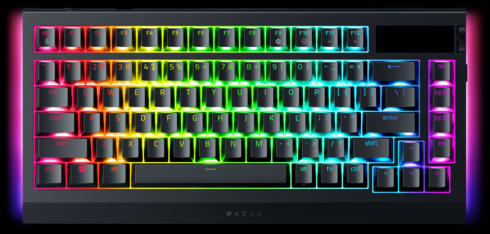 A top-down view of a Razer BlackWidow V4 Pro 75% Wireless Gaming Keyboard with RGB backlighting, showing the key layout and illuminated keys.
