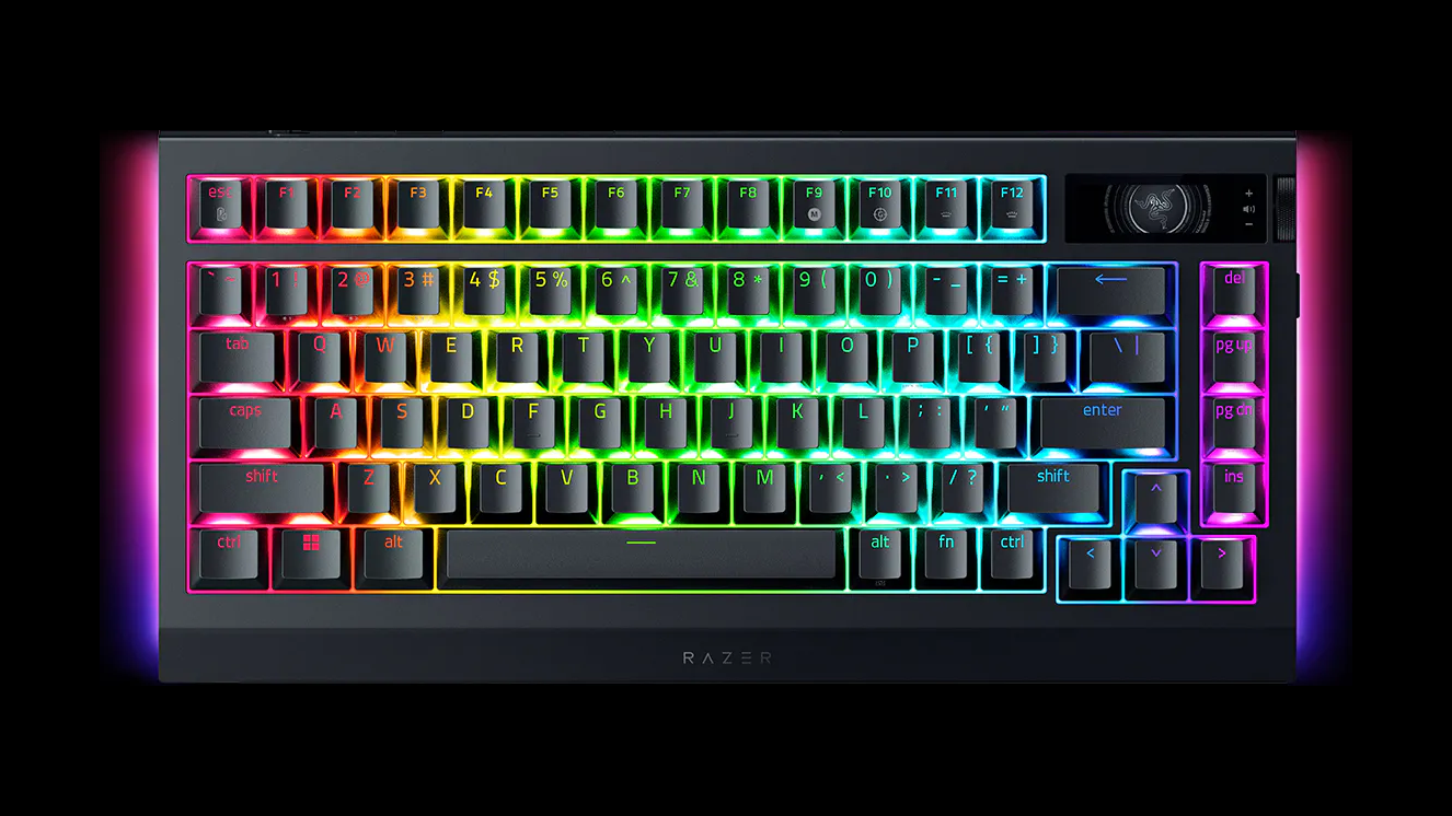 The Razer BlackWidow V4 Pro 75% Wireless Gaming Keyboard is shown in a top-down view with vibrant RGB lighting on the keys and a black background.