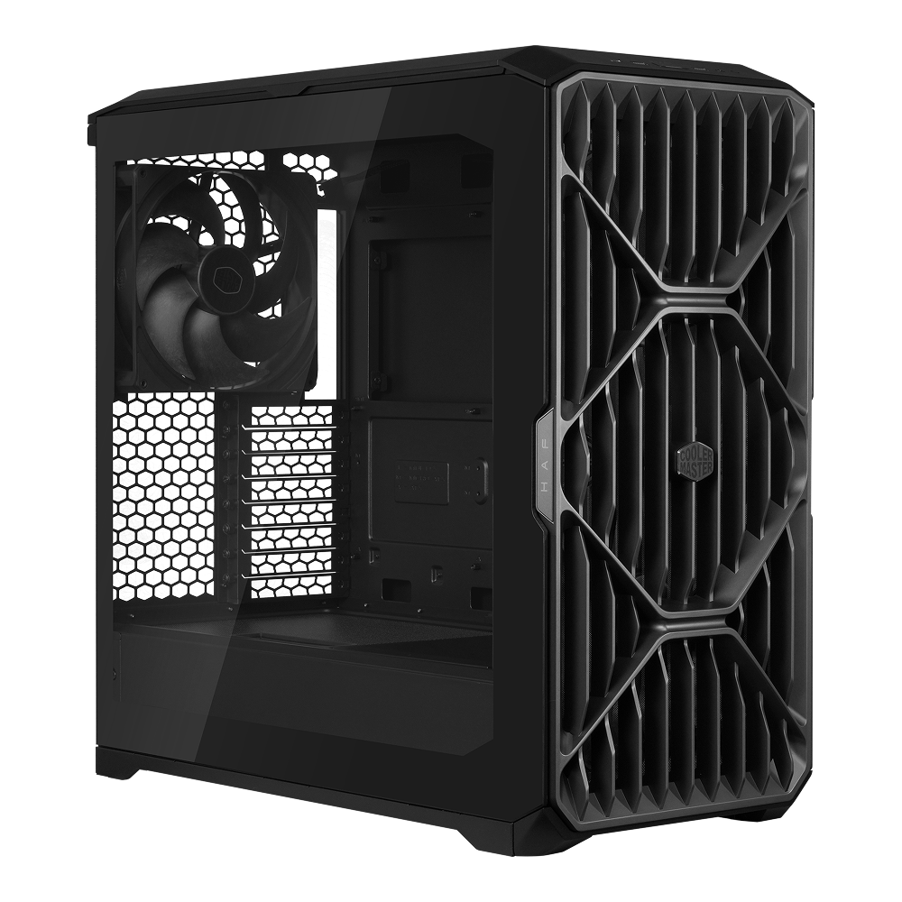 The Cooler Master HAF II 500 is shown in a side profile, highlighting its black finish and geometric vent design.