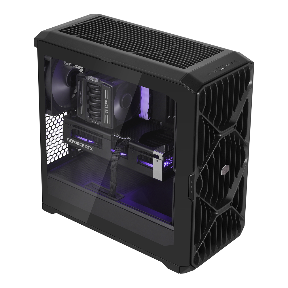 A black computer case with a side panel showing internal components, including a GeForce RTX graphics card and cooling fans.
