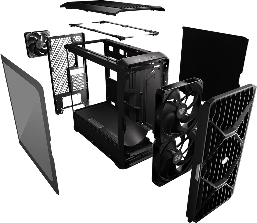 The product is a black computer case with various components and fans displayed around it, photographed from a side profile.