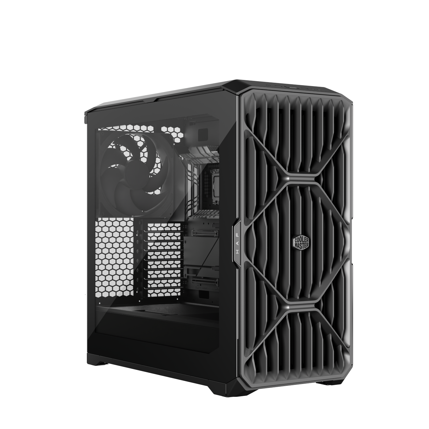 The Cooler Master HAF II 500 case is shown from a three-quarter angle, highlighting its side panel and front fan.