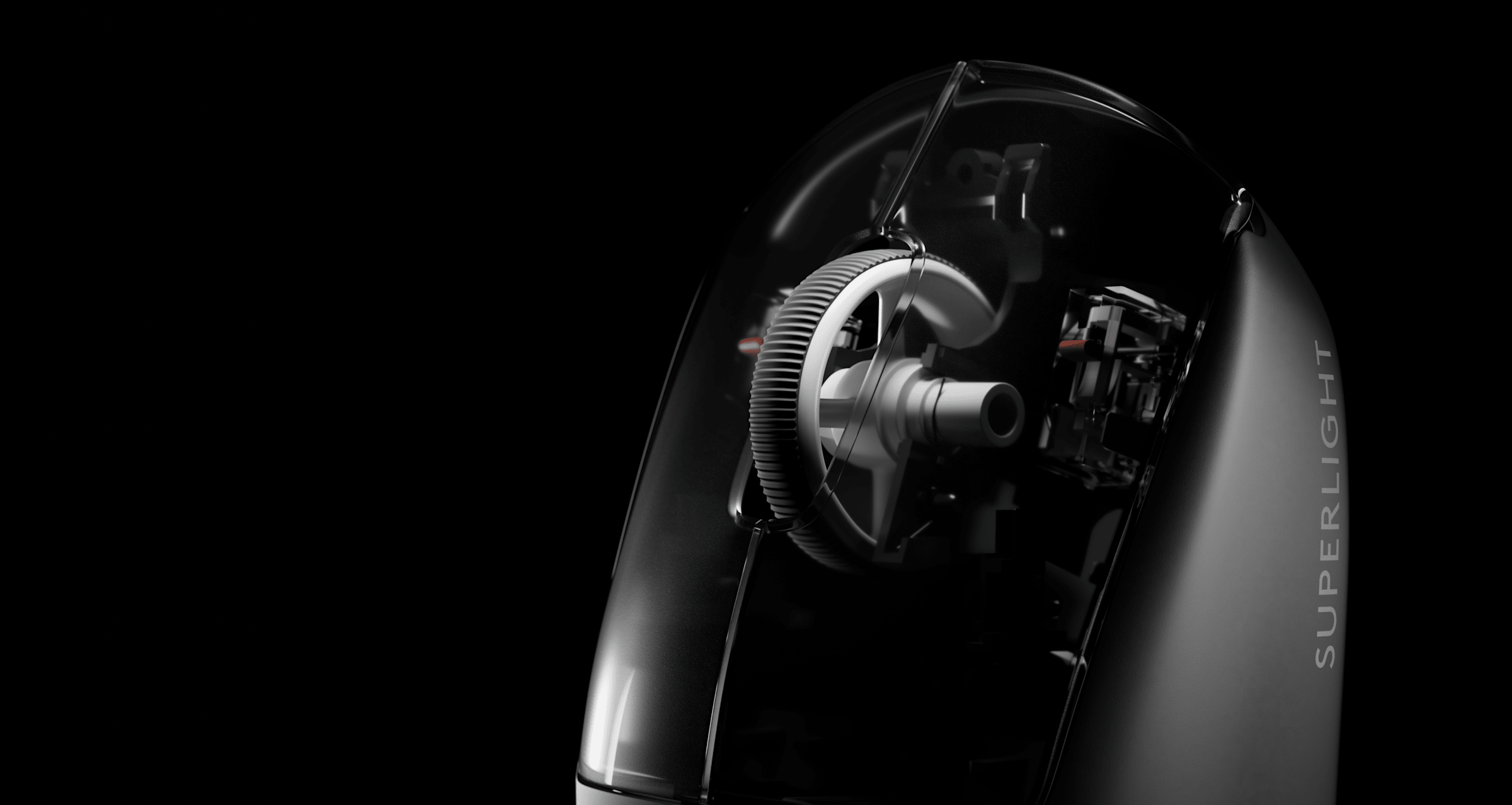A black Logitech G PRO X Superlight 2 mouse photographed from a side profile, showcasing its internal components and the 'SUPERLIGHT' text on the side.