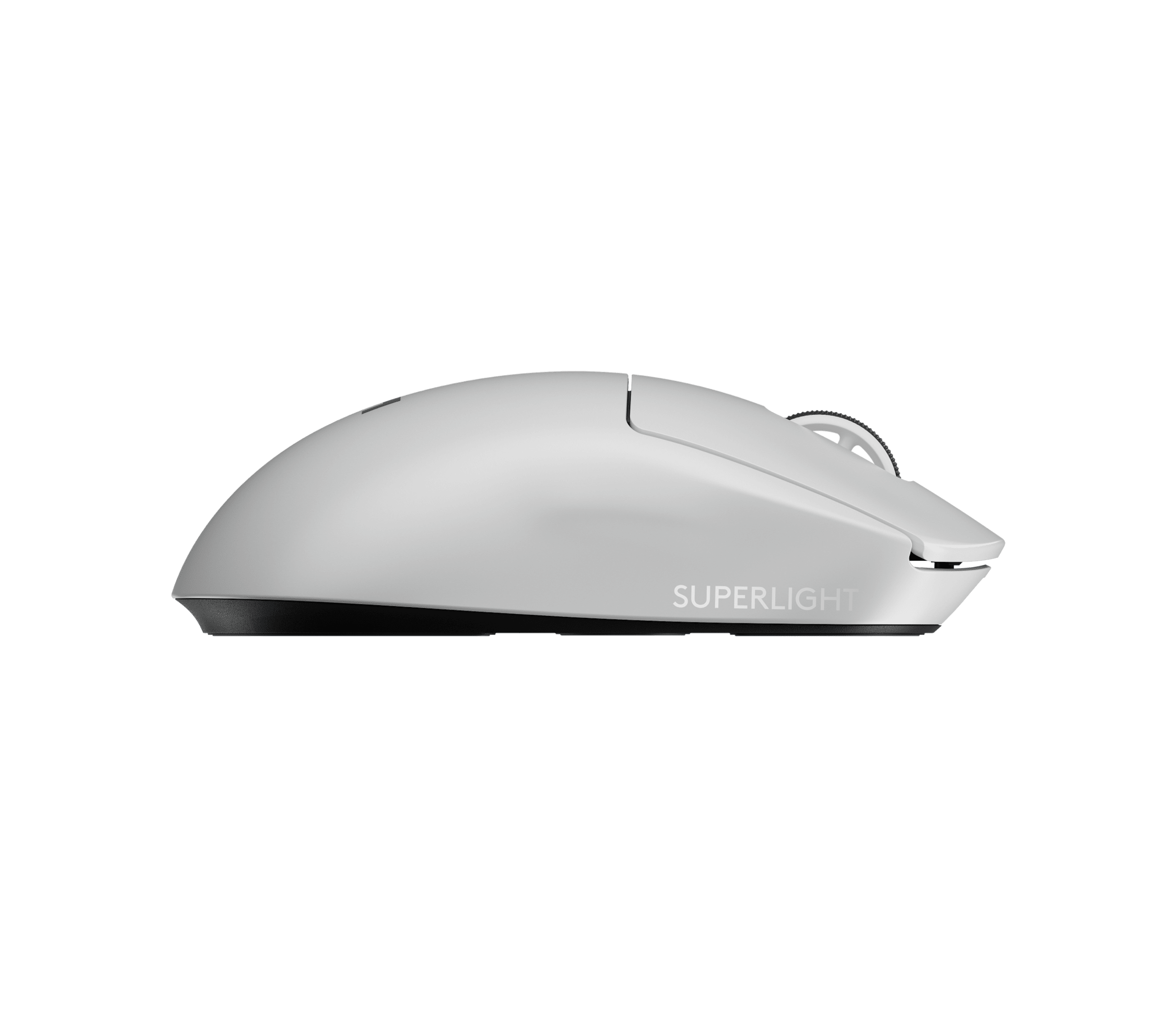 A white Logitech G PRO X Superlight 2 mouse photographed from a side profile.