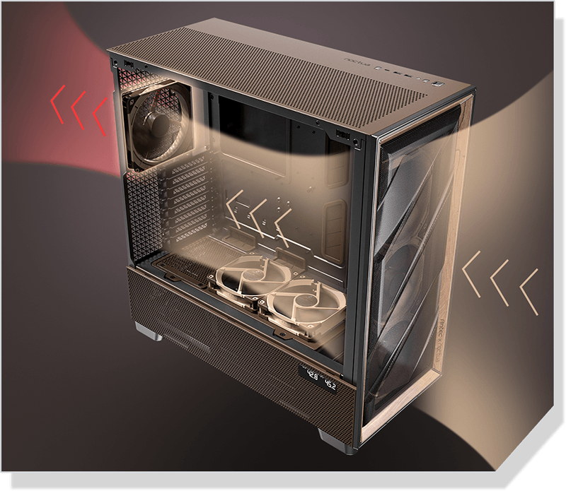 The Antec Flux Pro Noctua Edition is shown in a side profile with its front face partially visible, highlighting the internal components and cooling system.