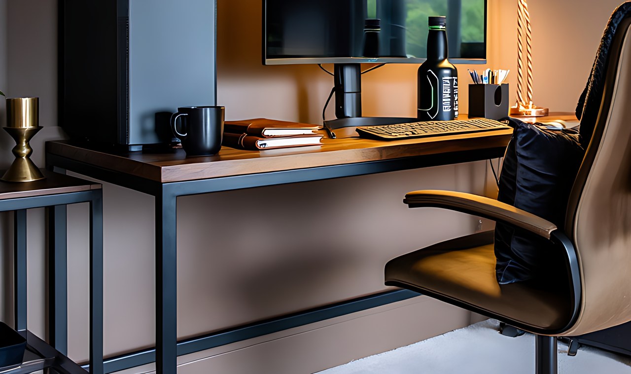 Close-up of the 63-inch executive desk with a two-tone rustic brown and black surface.