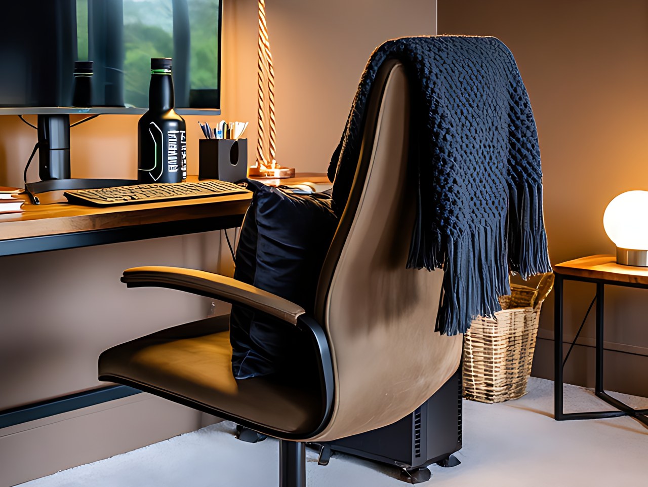 Close-up of the brown high-back chair with a black metal frame and adjustable headrest.