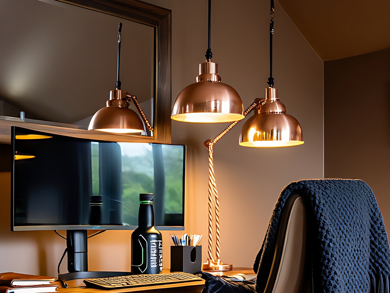 Close-up of the two copper dome pendant lights with gold interiors.
